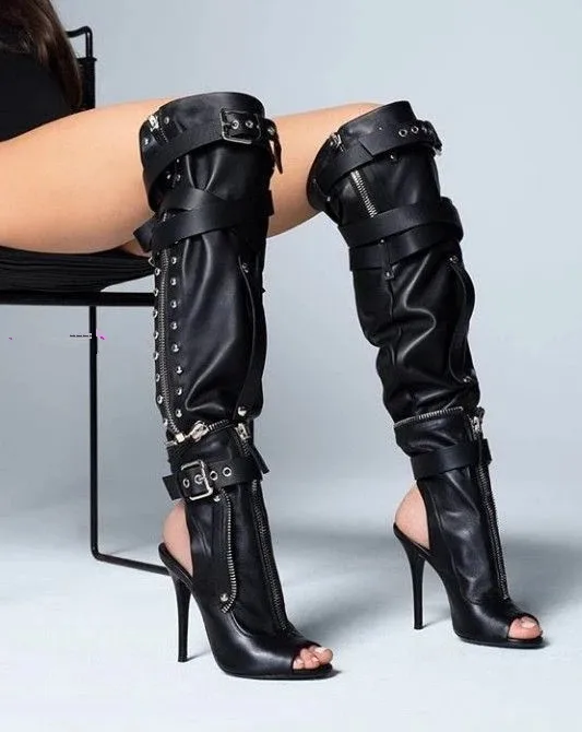 

Fashion Woman Summer Motorcycle Boots Handmade Leather Zipper Buckle Strap Spike High Heels Open Toe Shoes Over The Knee Boots