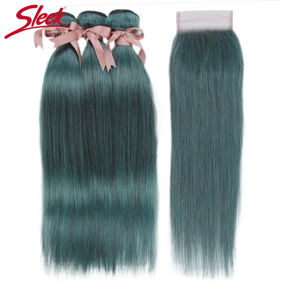 Sleek Brazilian Straight Hair Bundles With Closure S BLUE Hair Weave 10-26 Inches Remy Human Hair 3 Bundles With Closure