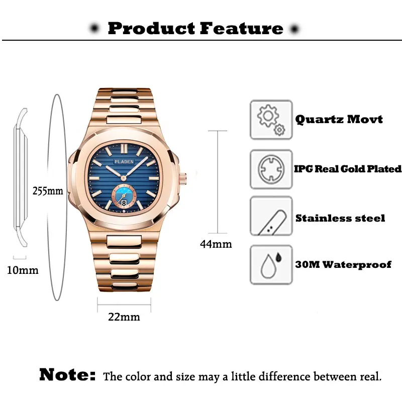 Square Men\'s Watches Blue Classic Designer PLADEN Brand Watch For Men Moon Phase Stainless Steel Luminous Business Wristatch