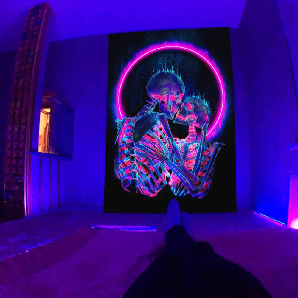 Skull Witchcraft Fluorescent Tapestry Wall Hanging Blanket Mandala Hippie Divination Wall Art Decor Background Luminous Tapestry