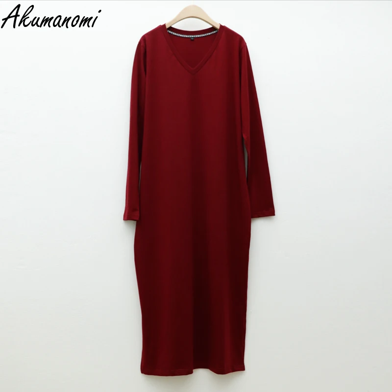 Vestido largo de punto de algodón para mujer, talla grande 6xl, 7xl, 8xl, 9xl, 10xl, informal, otoño, primavera, negro, cuello en V, manga larga