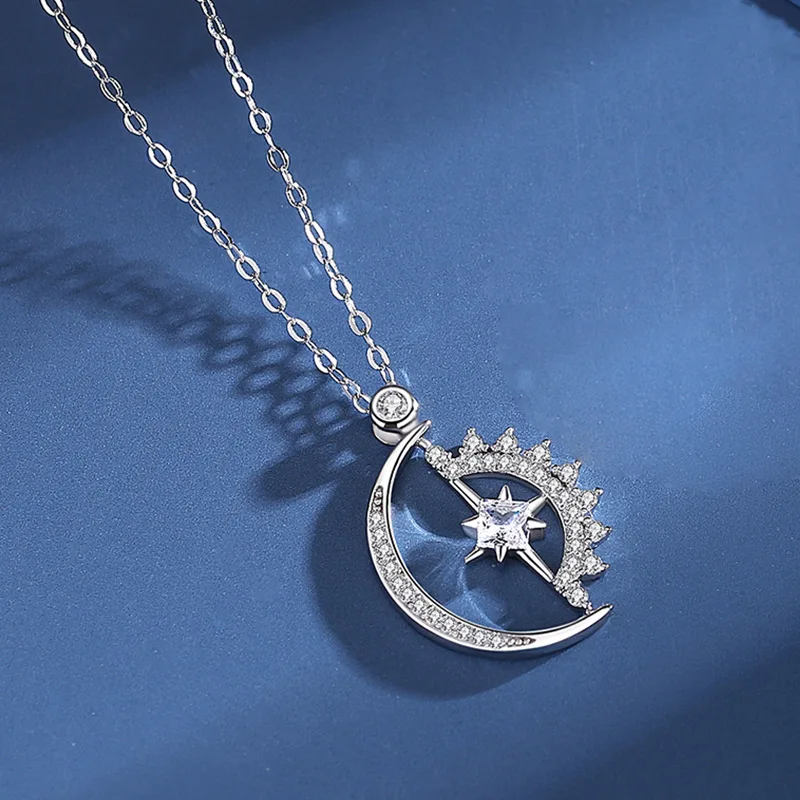 925 Sterling Silver Sun Moon Star Necklace Female Creative Geometric Pendant Korean Clavicle Chain For Women