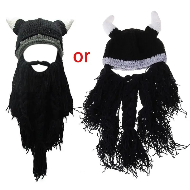 Adult Crazy Funny Halloween Cosplay Knitted Viking Beard Horn Hat Ski Mask Barbarian Vagabond Vintage Beanie Cap Winter Warmer