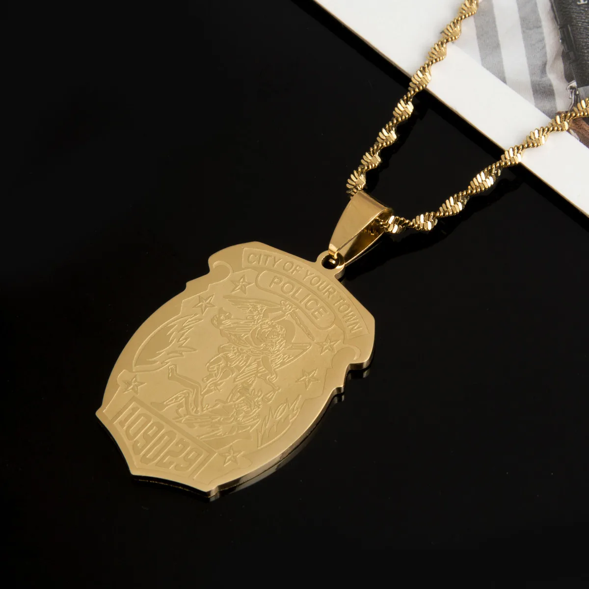 Stainless Steel Saint Michael Personalized Police Badge with Department Badge Trendy Chain Jewelry
