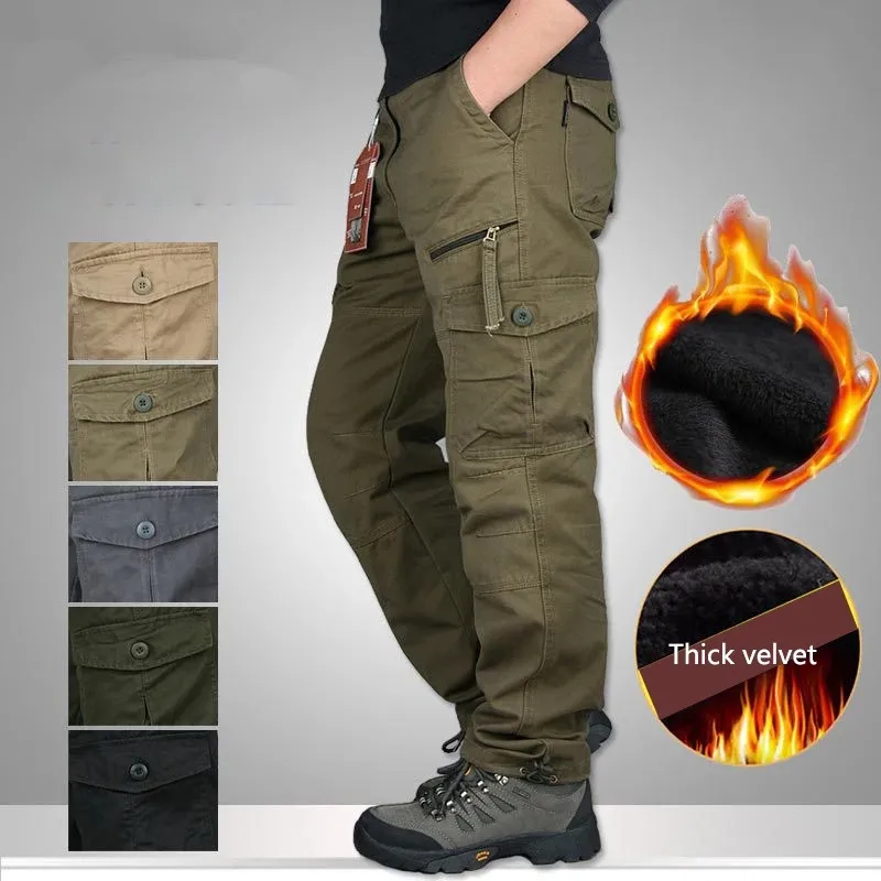 

Men's Winter Baggy Cargo Pants Fleece Thick Warm Multi Pocket Military Joggers Straight Slacks Long Trousers Outwear Sport Pants