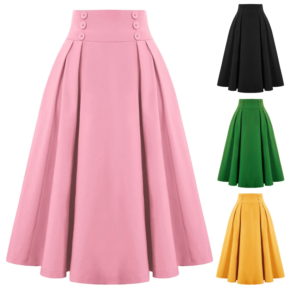 

BP Women's Pleated Swing Skirt Buttons Decorated Elastic Waist High Waist Retro Six Decoration Buttons Front High Waist