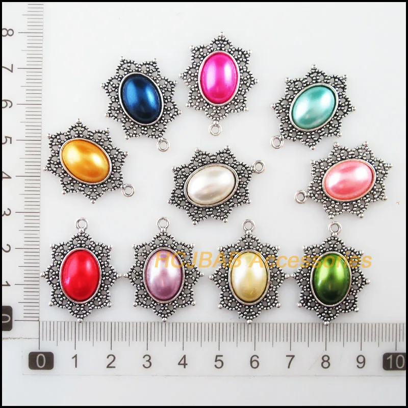 10 New Oval Charms Tibetan Silver Tone Retro Mixed Acrylic Pendants 23x29mm