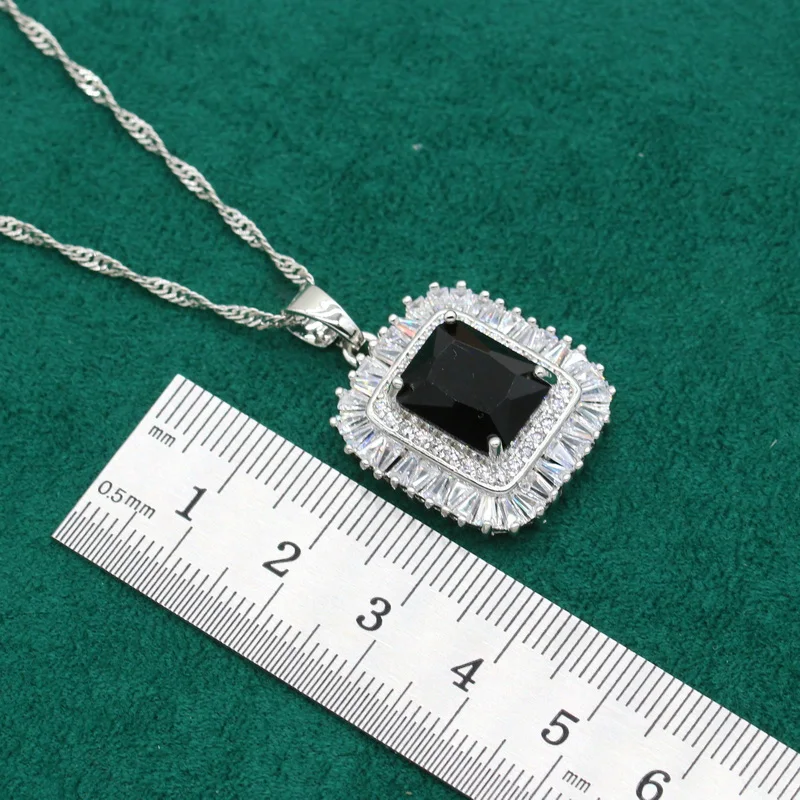 Classic Silver Color Bride Jewelry Set for Women Wedding Black Zircon Bracelet Earrings Necklace Pendant Ring Gift