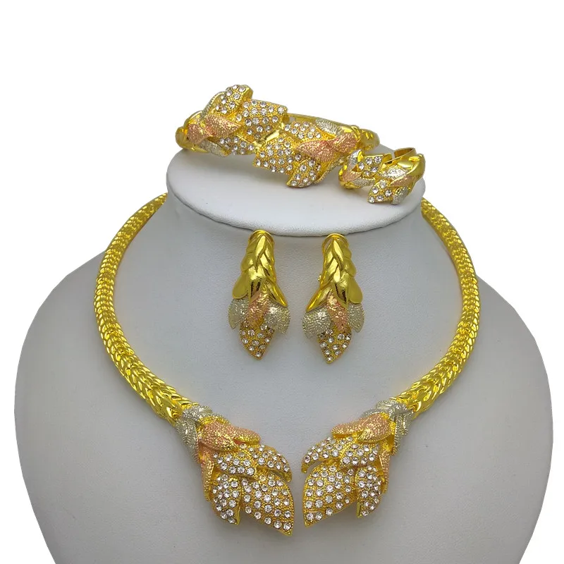 Kingdom Ma Dubai Gold Color Jewelry Sets For Women African Necklace Earrings Bracelet Rings For Party Wedding Bridal Accessories