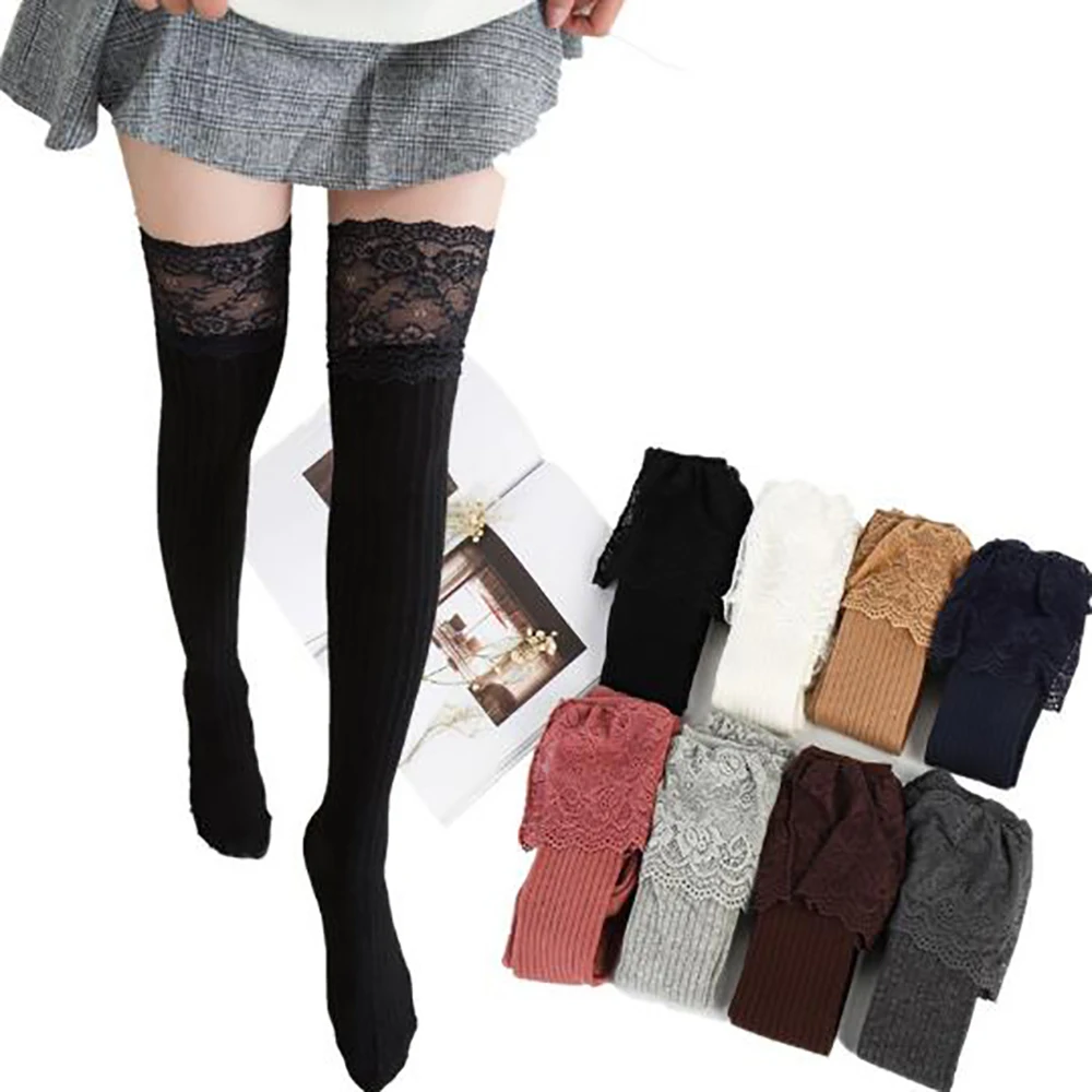 Janpanse Style Teenager Girls Over Knee Knitted Stockings Students Laceup Stripe Cotton Long Tube Socks