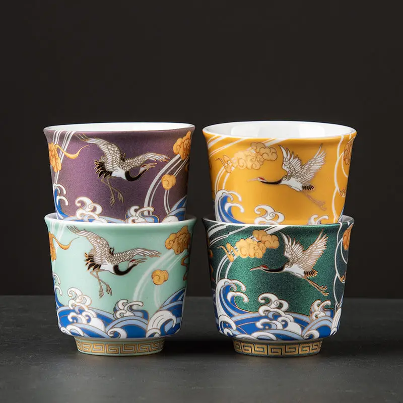 Luxuriant Ceramic Tea Cup Crane Cup Horseshoe Cup Master Cup Tea Bowl Colorful Enamel Personal Teacup Chinese Kung Fu Cup