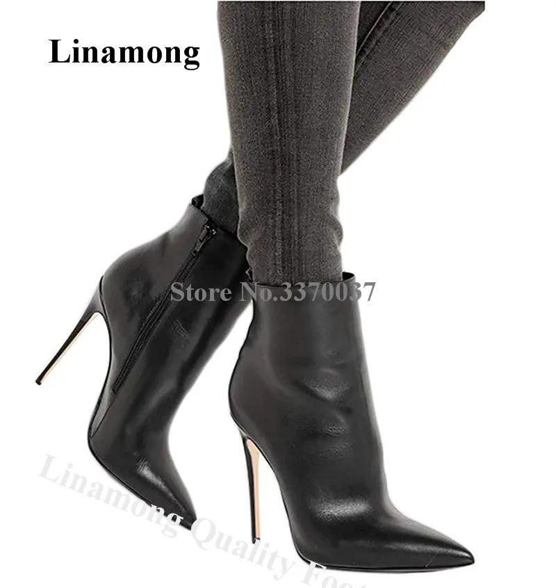 

Linamong Brand Design Pointed Toe Stiletto Heel Short Boots Black Red Side Zipper-up High Heel Ankle Booties Formal Dress Shoes