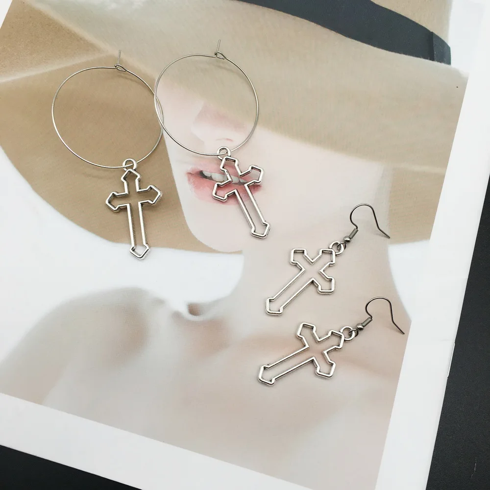 2020 Hot Fashion Handmade Simple Cool Punk Vintage Silver Color Cross Charms Drop Earrings Jewelry best Gift For Women girls