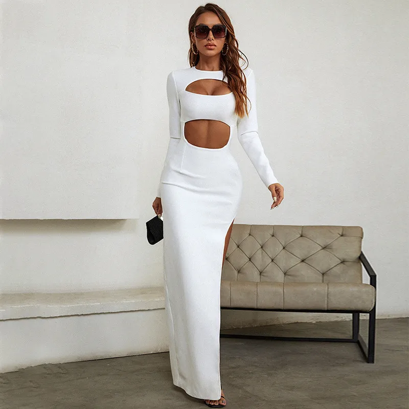 CIEMIILI 2022 Women Hollow Out Bandage Dress Sexy O Neck Long Sleeve White Celebrity Bodycon Club Midi Party Evening Dresses