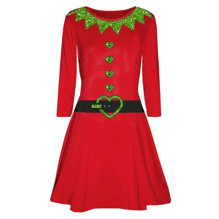 Frauen Santa Claus Gedruckt Langarm Abend Prom Kostüm winter mini Kleider kerstjurk weihnachten party kleid Kostüm kleidung