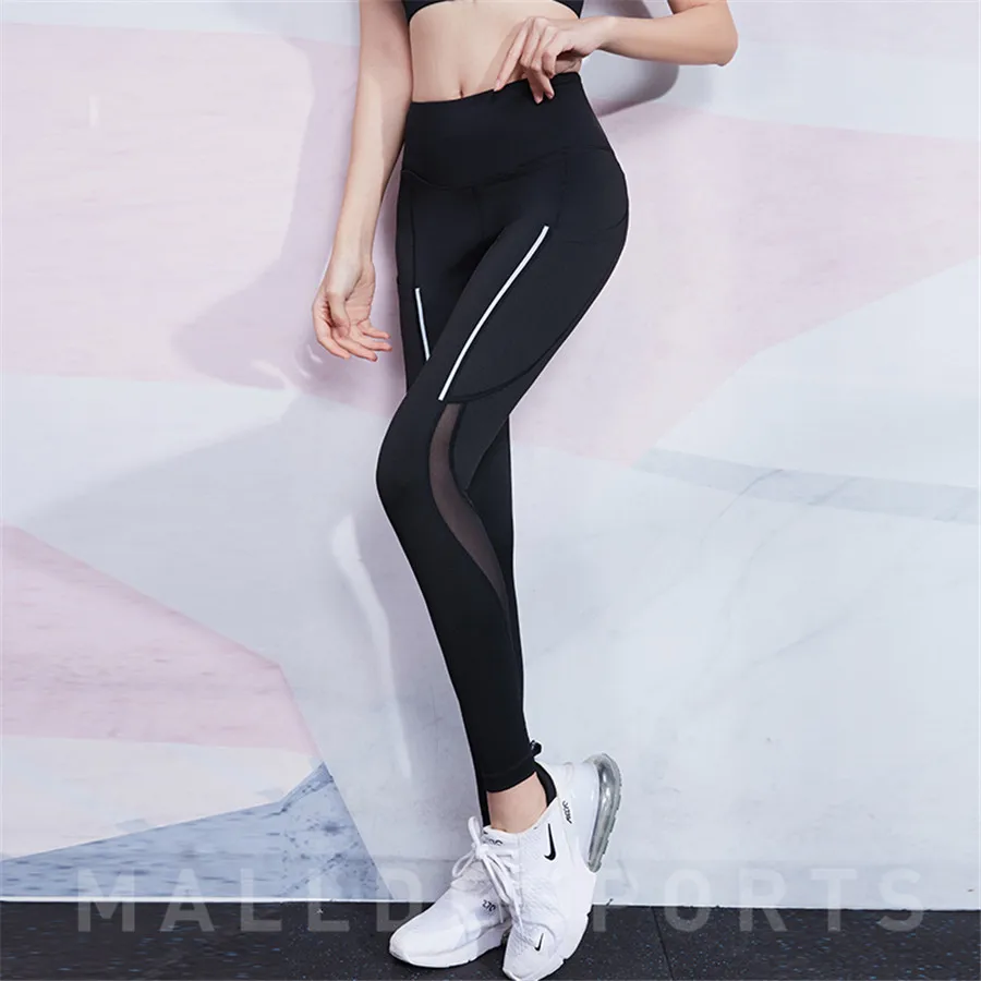 High Waist Sports Pants with Pocket Womens Mesh Yoga Leggings Tummy Control Female Gym Workout Tights Stretchy Running Trousers