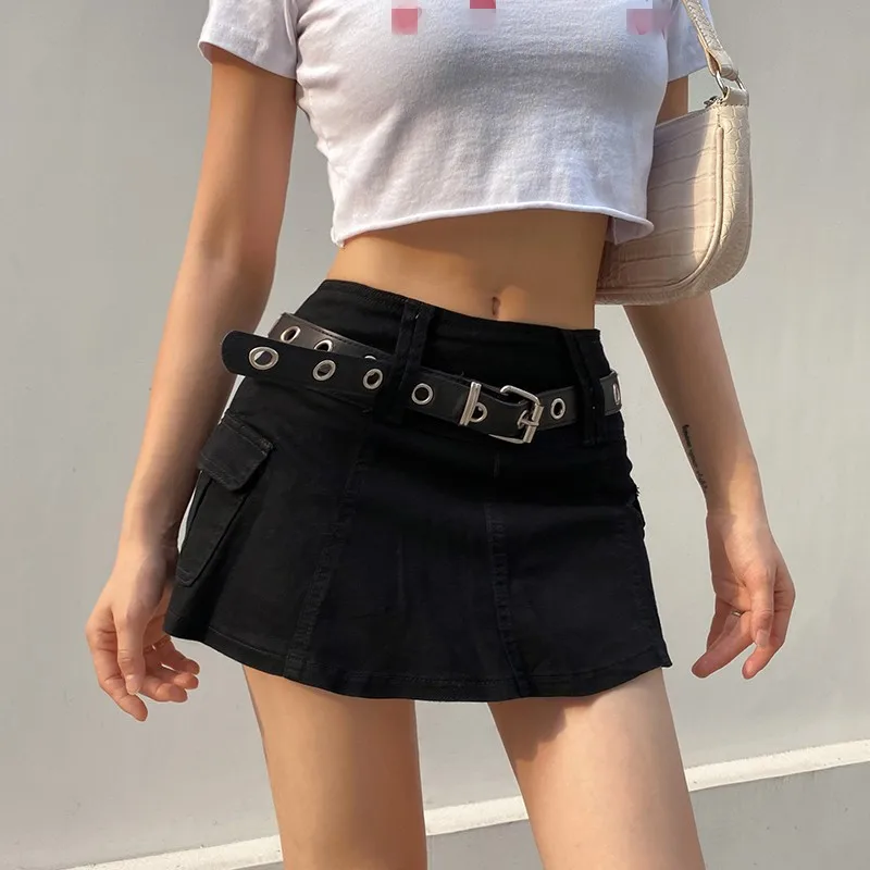 

2021 Pastel Goth Low Waist Black Micro Skirts Y2K Streetwear Pockets Patchwork A-line Skirt E-girl Aesthetics Outfits Zipper