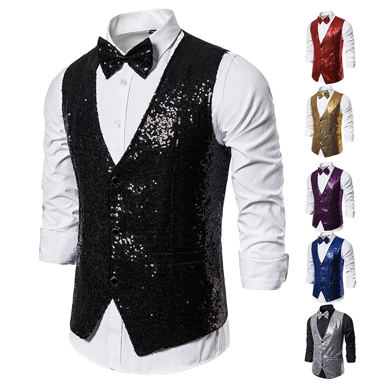 Hot Men Shiny Gold Sequin Glitter Embellished Blazer Waistcoat Night Club Blazer Wedding Party Waistcoat Stage Singers Clothing