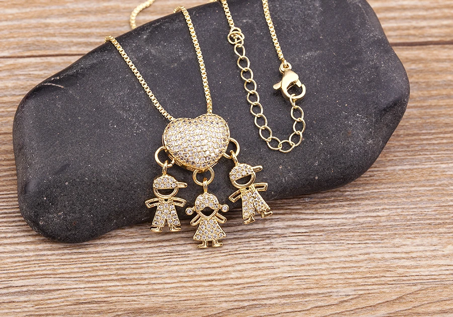 Nidin Heißer Verkauf Sohn Tochter Herz Vergoldet Zirkonia Familie Mädchen Junge Anhänger Halskette Kette Schmuck Für Mutter Geschenk – Detail 6