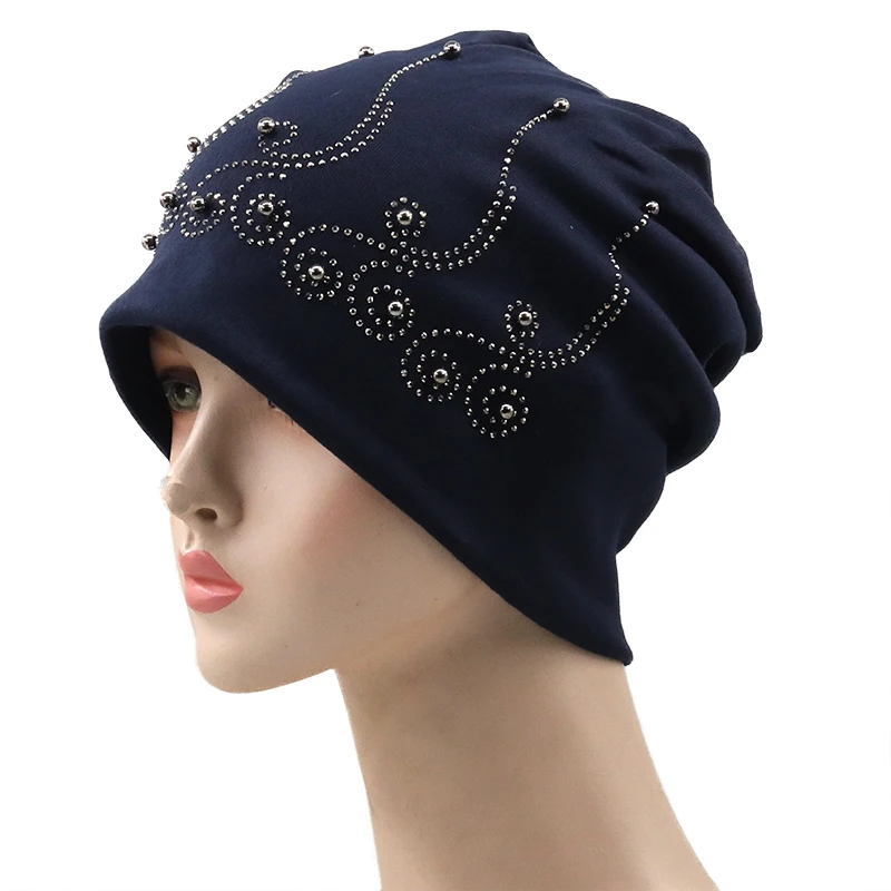 Brand Women\'s Beanie Hat Casual Polyester Shine Pearls&Rhinestones Beanies For Women Skull Beanie Hats Bonnet For Female