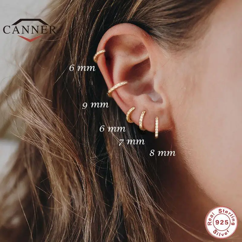 CANNER-Real 925 Sterling Silver Ear Hoop Piercing Brincos para Mulheres, Geométrico Redondo Huggie Brincos, Fine Jewelry, 6mm, 7mm, 8mm, 9mm