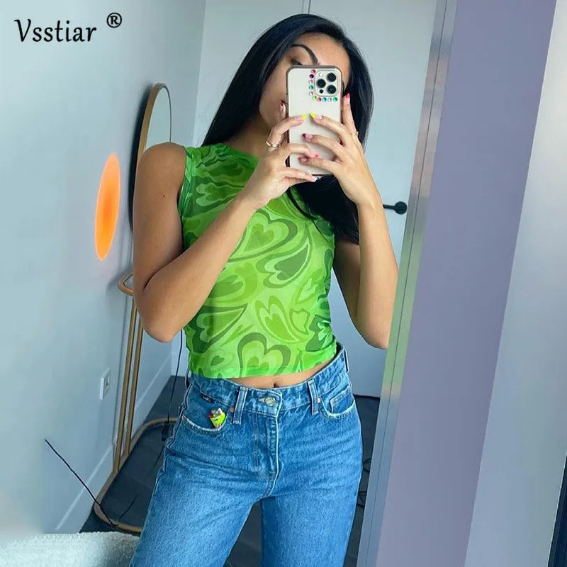 Vsstiar Mesh Tank Top Y2K LOVE Print Sleeveless Summer Women Clothes Fashion O Neck Crop High Street Tie Dye Sexy Top