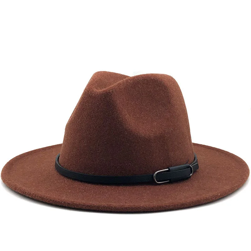 

new Women Men Wool Fedora Hat With Leather Ribbon Gentleman Elegant Lady Winter Autumn Wide Brim Jazz Church Panama Sombrero Cap