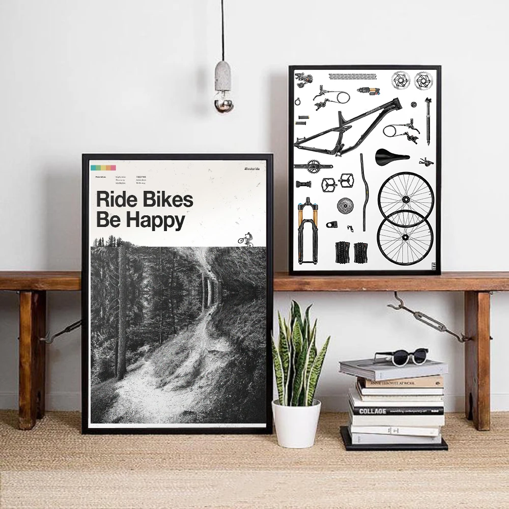 

Mountain Bike Art Print Ride Bikes Be Happy Poster Print Cycling Artwork Bicycle Wall Art Posters Room Decor Canvas Painting