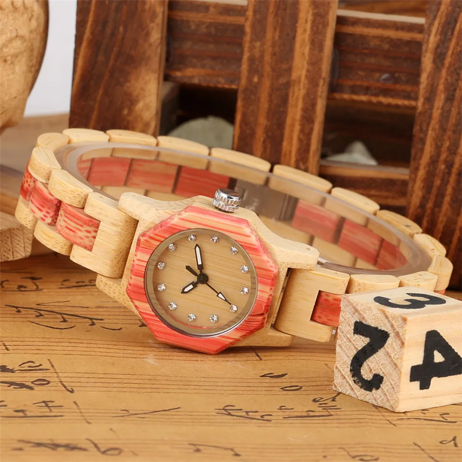 Vogue Rhinestones Display Female Wood Bracelet Wristwatch Quartz Movement Natural Full Wooden Bangle Timepiece Lady Casual Clock