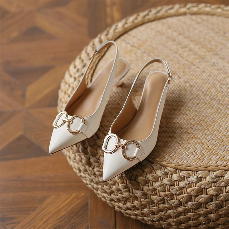 Meotina Genuine Leather Women Slingbacks Shoes Buckle Chain Thin Heels Pumps Pointed Toe Med Heel Ladies Footwear Spring Beige