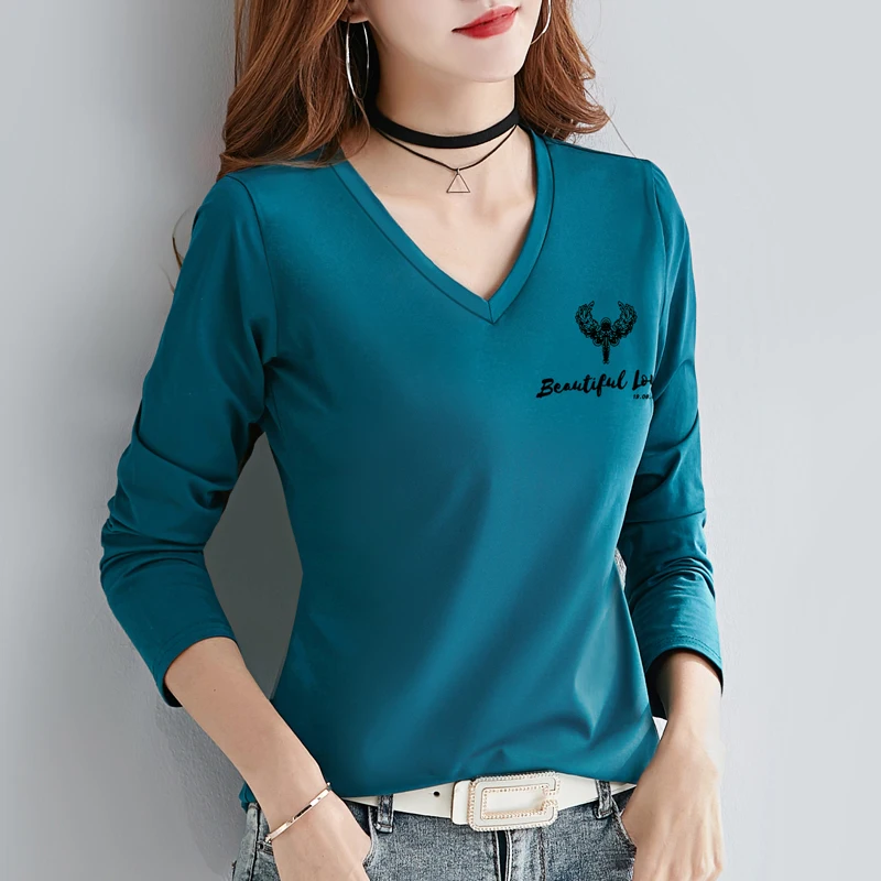 Special Offer Spring Autumn Women V-Neck Long Sleeve Slim T-shirt Korean Fashion Cute Letter Print Good Quality Cotton T-shirt