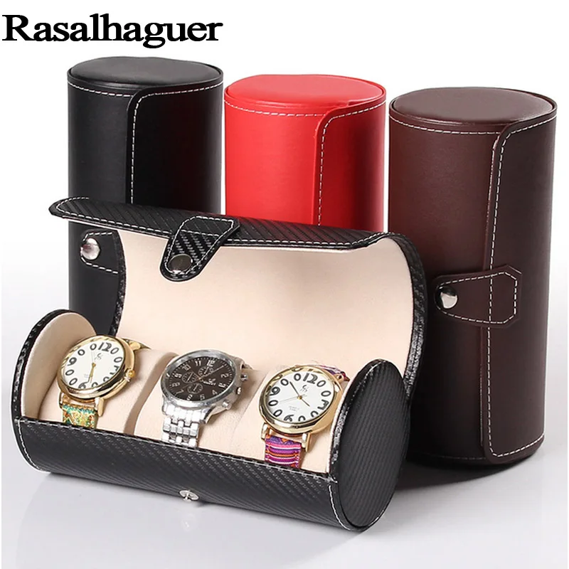 Round 3pcs Watch Display Gift Box Case Roll Wristwatch Necklace Bracelet Jewelry PU Leather Box Storage Travel Pouch 4 Colors
