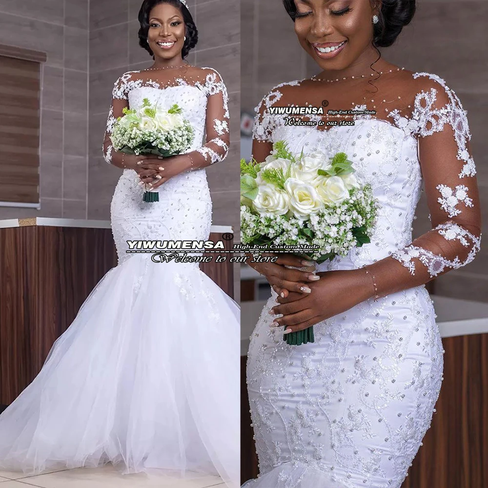 Arabisch Aso Ebi Meerjungfrau Hochzeit Kleid Vollen Ärmeln O Neck Robe De Ehe Braut Sweep Zug Nude Tüll Spitze Perlen brautkleider