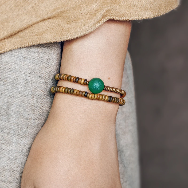 Verawood Plato Santo Green Weathering Onyx Bracelet Copper Multi Row Bead Yoga Meditation Jewelry For Man Woman Buddhism Zen