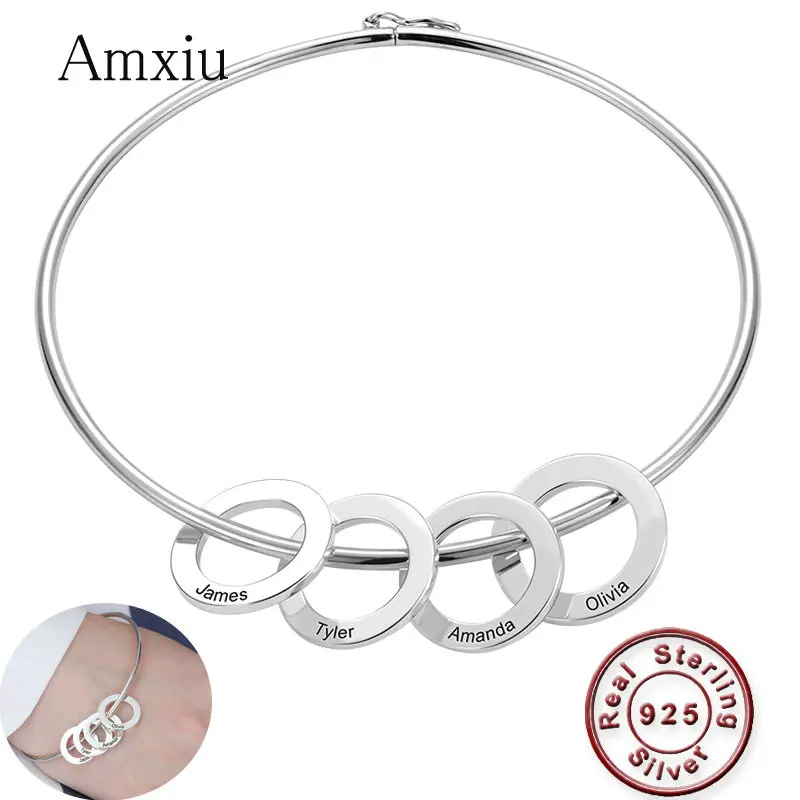 Amxiu Personalized 925 Silver Bangle Engraved Names Circles Bangles Custom Name Bracelet Bangles S925 Jewelry For Party Gifts