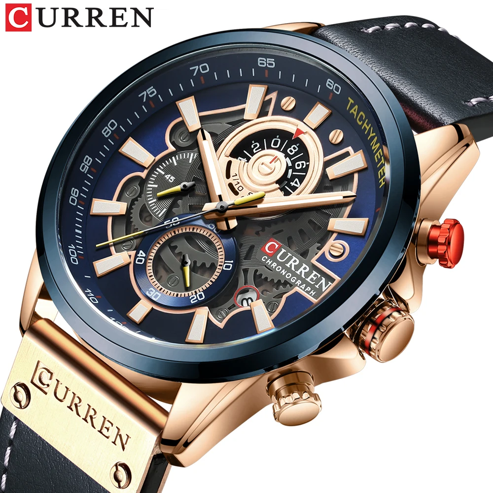 CURREN Watches Mens Branded Luxury Casual Leather Strap Sport Quartz Wristwatch Chronograph Clock Male Creative Design Dial