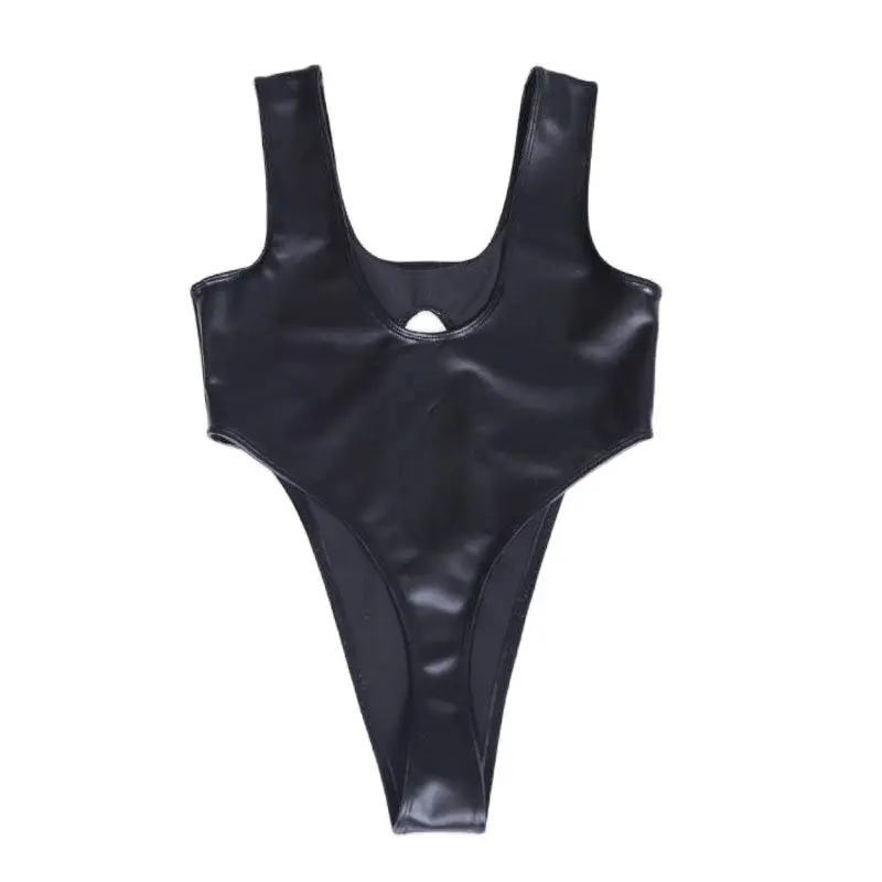 Hollow Out Oil Matt Faux Latex PU Leather Catsuit High Cut Thong Bikini Bodysuit Swimwear Hot Sexy Body Shaping Sukumizu Bodies