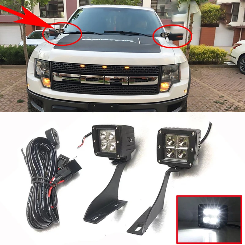 Complete LED Front Cowl Light Kit With Windshield A-Pillar Mounting Brackets For Ford F150 Raptor 2009-2014 2010 2011 2012 2013