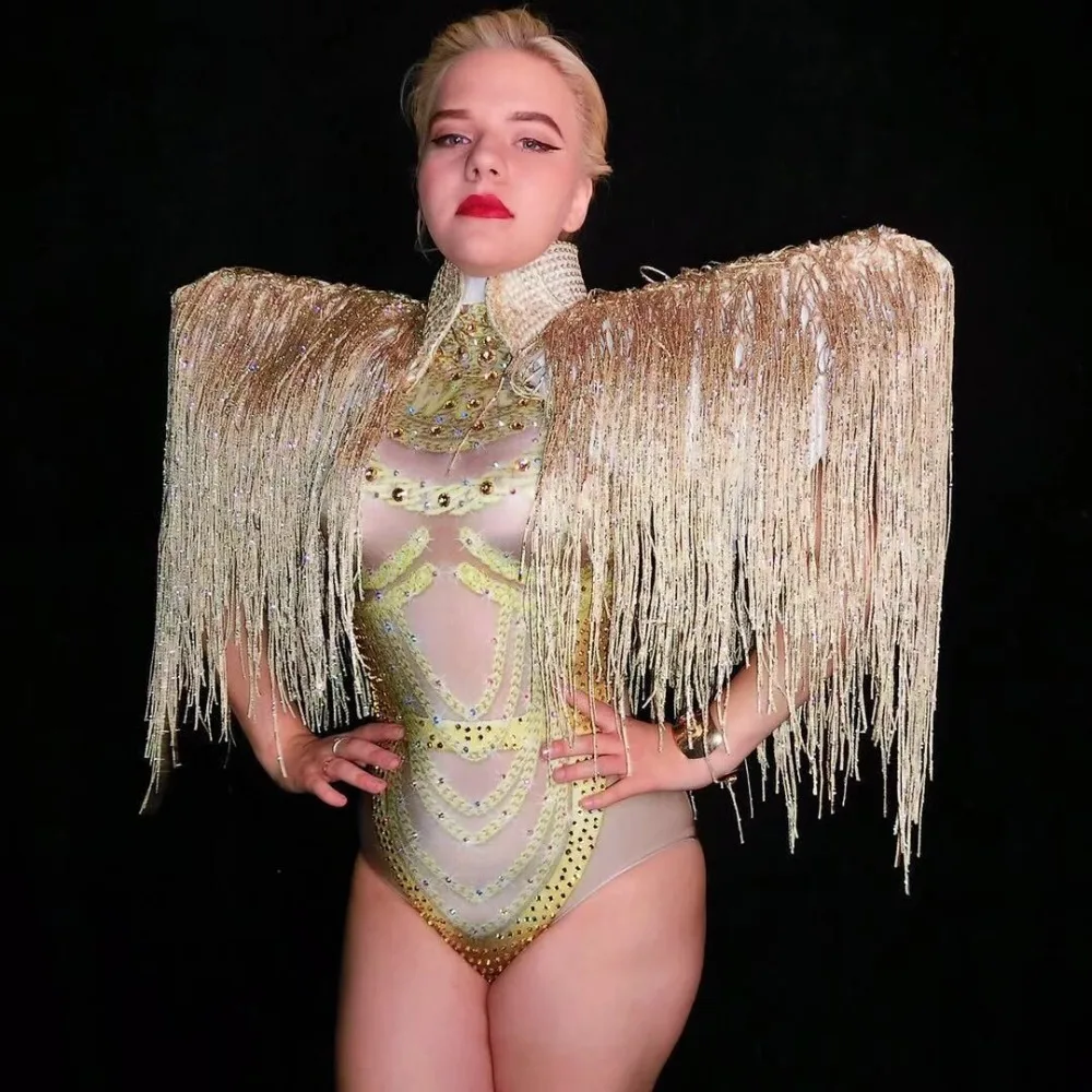

Gold Tassel Cape Sparkling Crystals Jumpsuit Women Sexy Stage costume Nightclub Party Stage Wear Dancer Singer Bodysuit