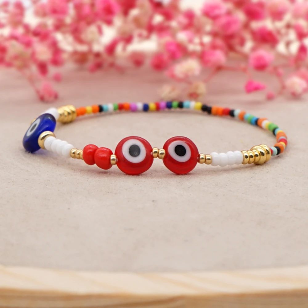 GO2BOHO The Eyes of Blue & Red Coloured Glaze Evil Bracelet Charm Jewelry CN 13/O Colorful Beaded Bracelets