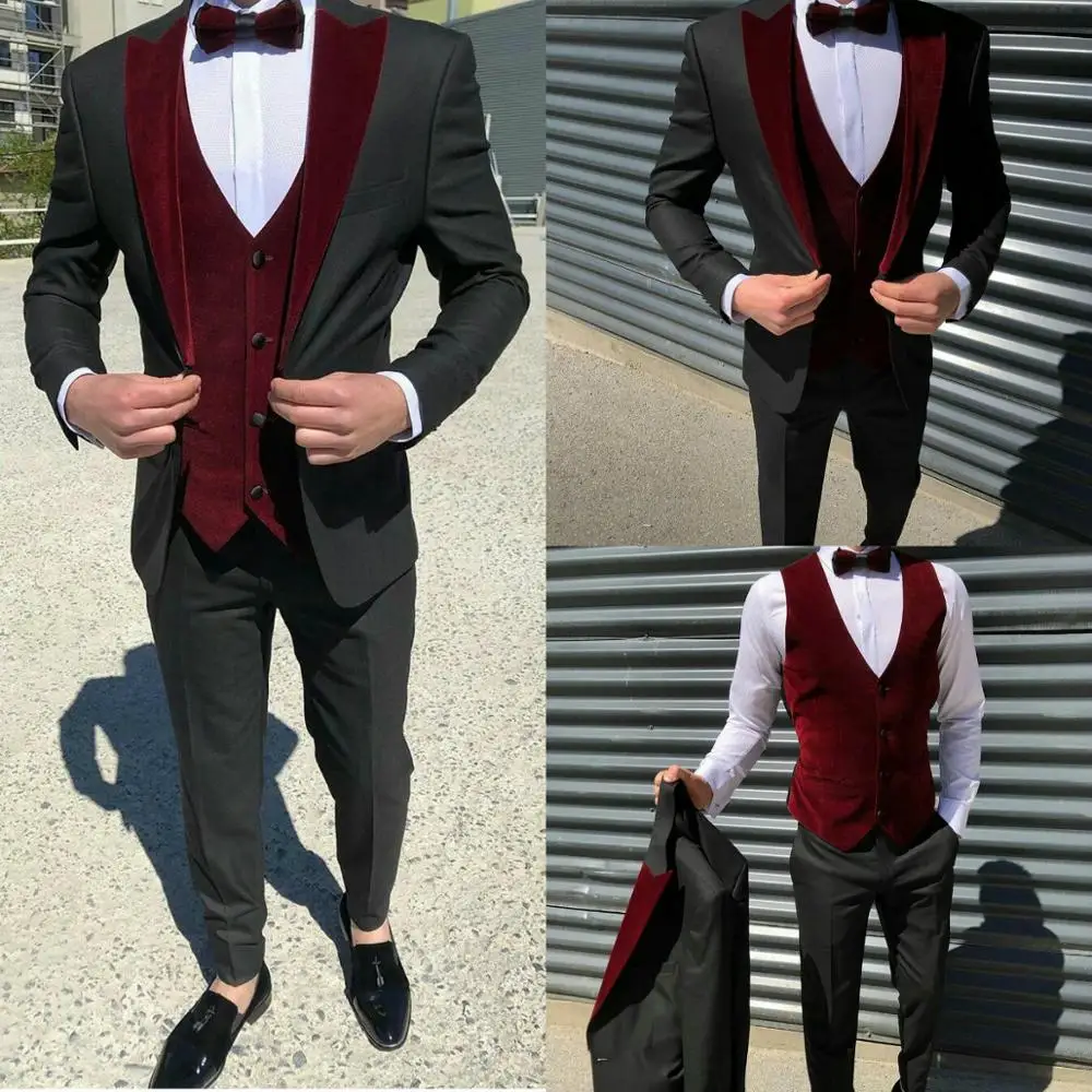 Trajes de boda para hombre, esmoquin de terciopelo a medida, traje de novio, ropa Formal de negocios para hombre, 3 uds.