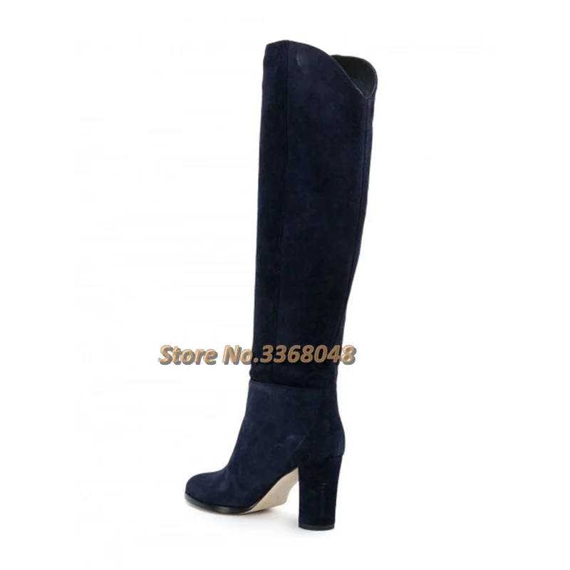 Suede Navy Blue Boots Round Toe Chunky Heels Knee High Long Boots Slip On Square Custom Made Winter Women Boots New Arrivals