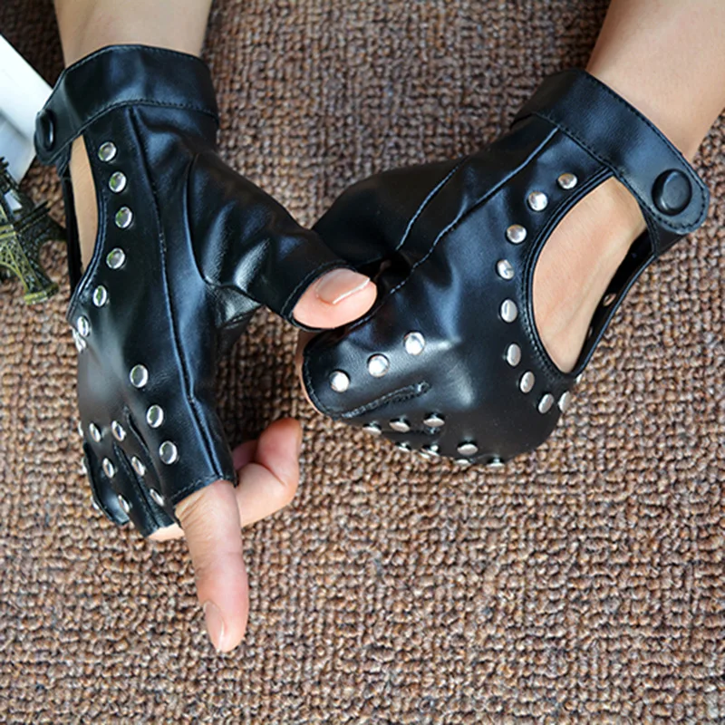 Fashion Fingerless Gloves With Studs Pu Leather Motorbike Riding Gloves Woman Cool Rivets Dance Gloves Motorcycle Accessories