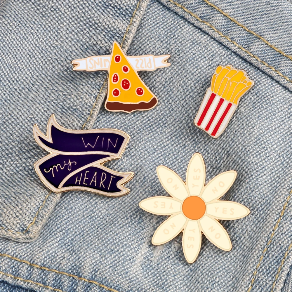 Flower Pizza Pins French Fries Enamel Lapel Brooches Custom Cute Cartoon Food Vintage Ribbon Badge Jewelry Gift For Kids Friends