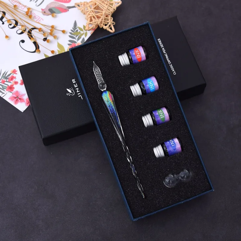 

6pcs Glass Dip Pen And Ink Set Handmade Star Glass Pens And Blue Color Ink Signature Pencil Flash Powder Set Festival Gifts