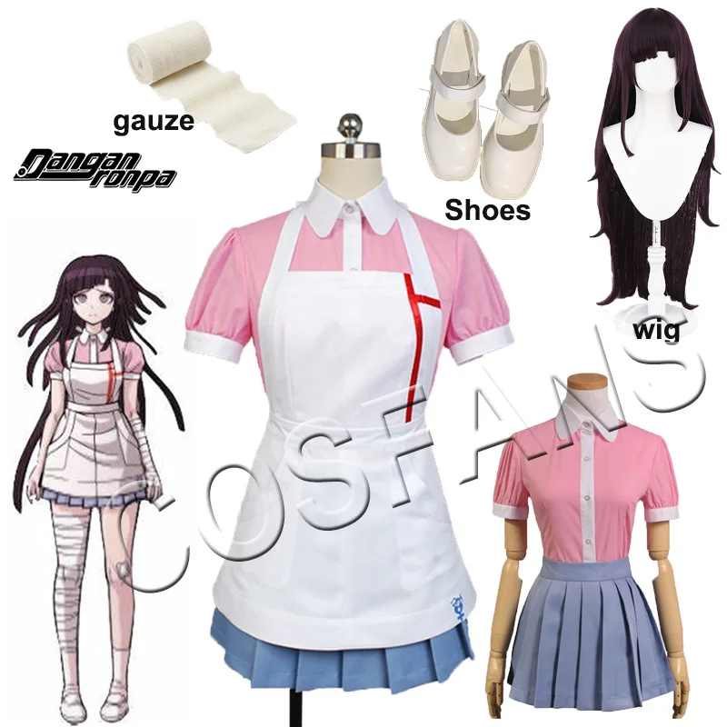 Dangan Ronpa 2 Mikan Tsumiki women Cosplay Costume custom any size Halloween Cosplay Shirt + skirt + apron and Gauze wigs shoes