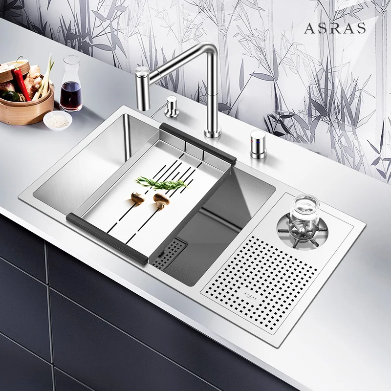 ASRAS-7643X High-pressure Automatic Cup Washer Sink with Faucet 304 Stainless Steel Handmade Wine Bar Kitchen Sink+Cup Rinser