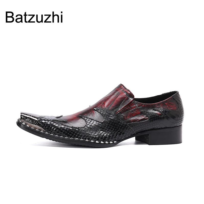 Batzuzhi Italian Style Fashion Men\'s Leather Shoes Pointed Metal Toe Wine Red Formal Business Dress Shoes Men for Party /Wedding