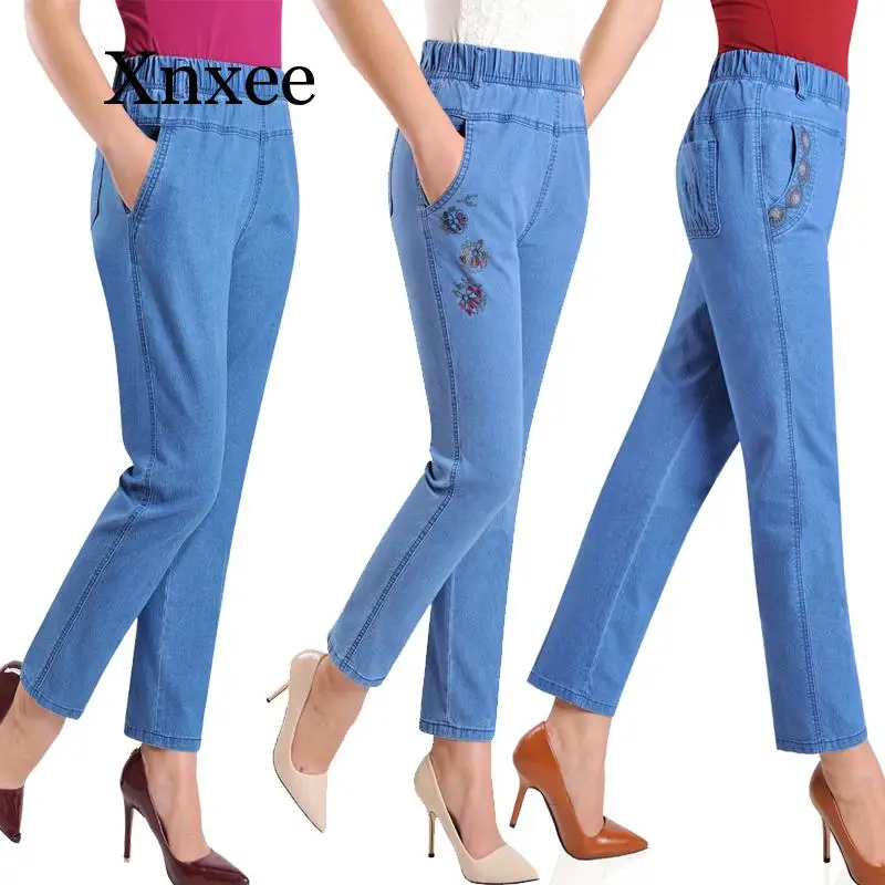 

blue 5XL Jeans Female Spring Summer New Embroidery Nine Denim Pants Slim High Waist Elasticity Casual Women Pants
