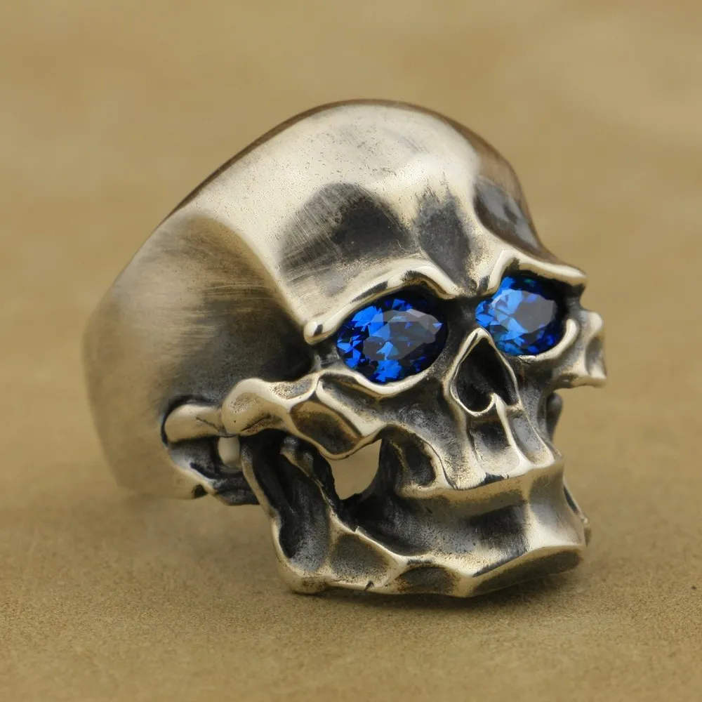 

LINSION CZ Eyes 925 Sterling Silver Skull Ring Mens Biker Punk Ring TA4X US Size 7 to 15